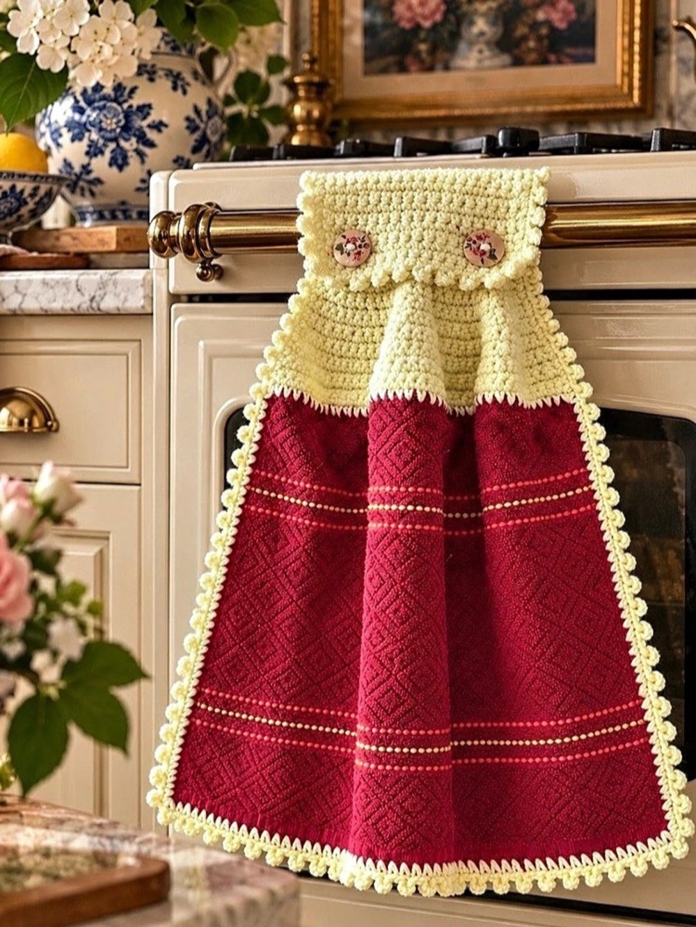 Artisan Handmade Crochet Hanging Kitchen Towel Cranberry Red Buttercream Floral
